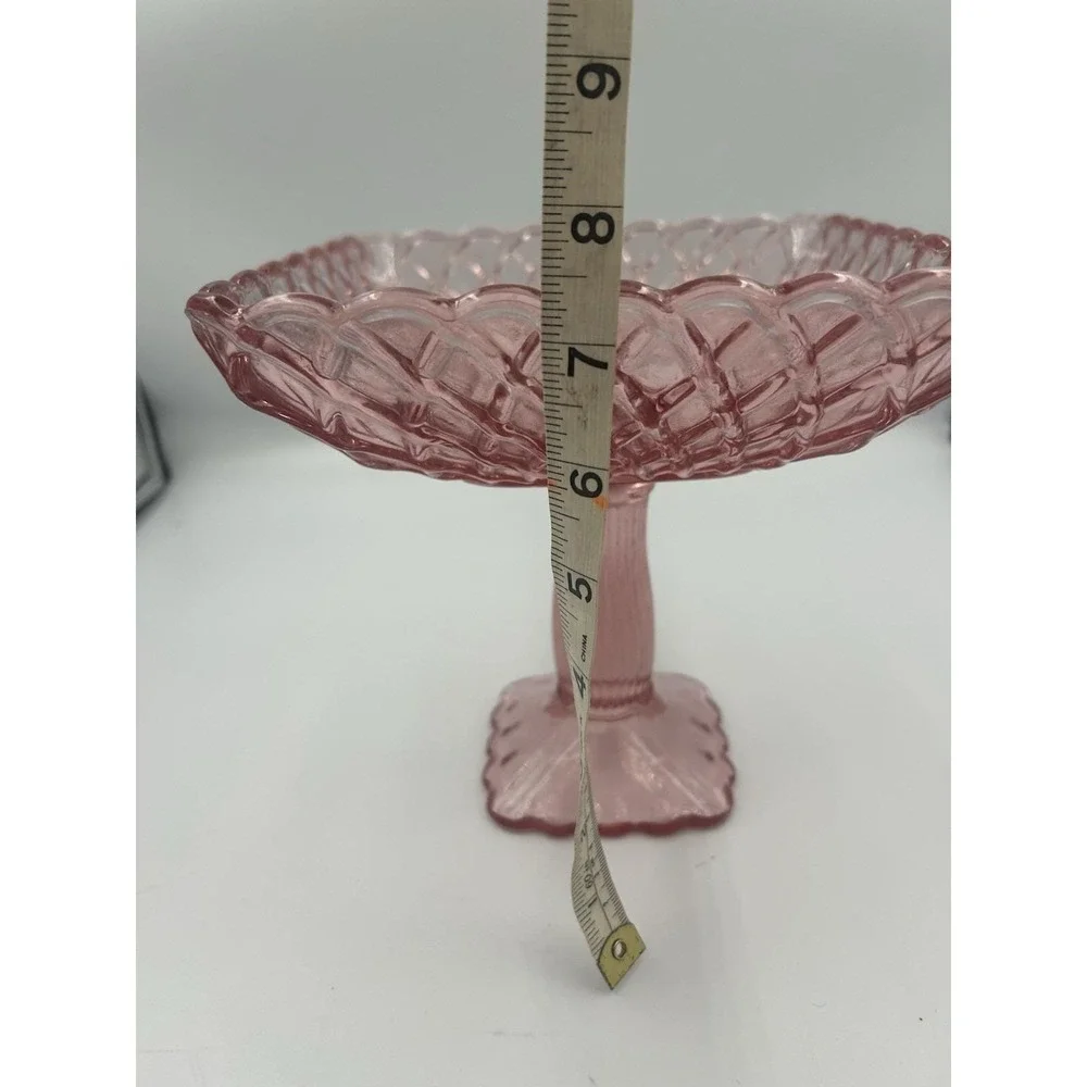 Pink Glass Square Pedestal Compote Dish, Diamond Pattern, 8 in x 8 in
